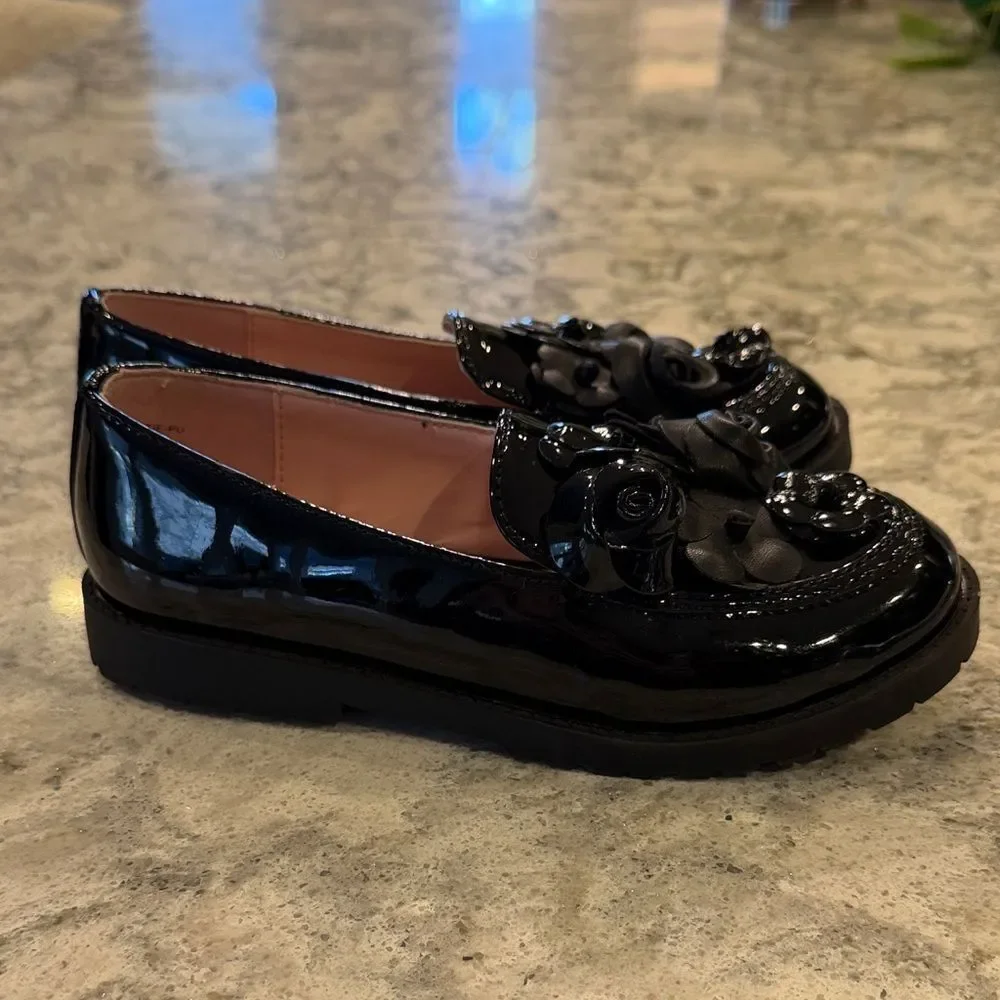 Nordstrom Black Kids Dress Shoes with Floral Accents